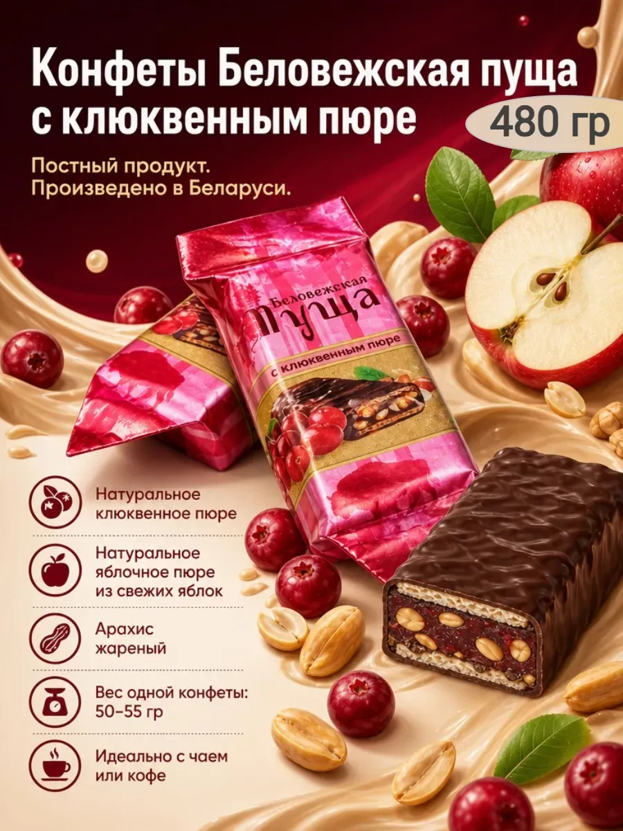 Конфеты «Беловежская пуща» клюквенное пюре,480гр