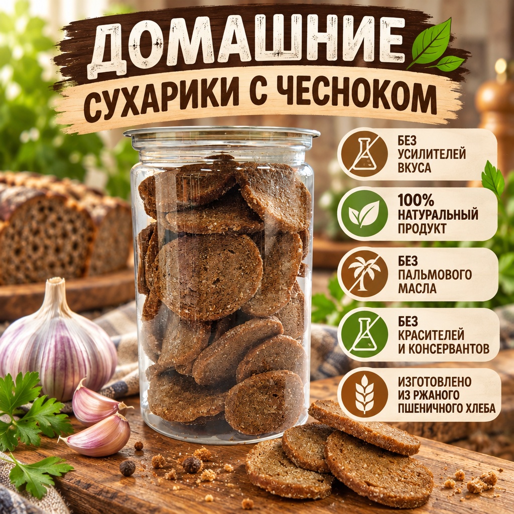 Домашние сухарики с чесноком, 200 гр