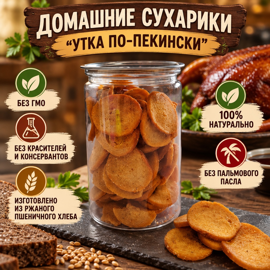 Домашние ПШЕНИЧНЫЕ сухарики "Утка по пекински", 200 гр