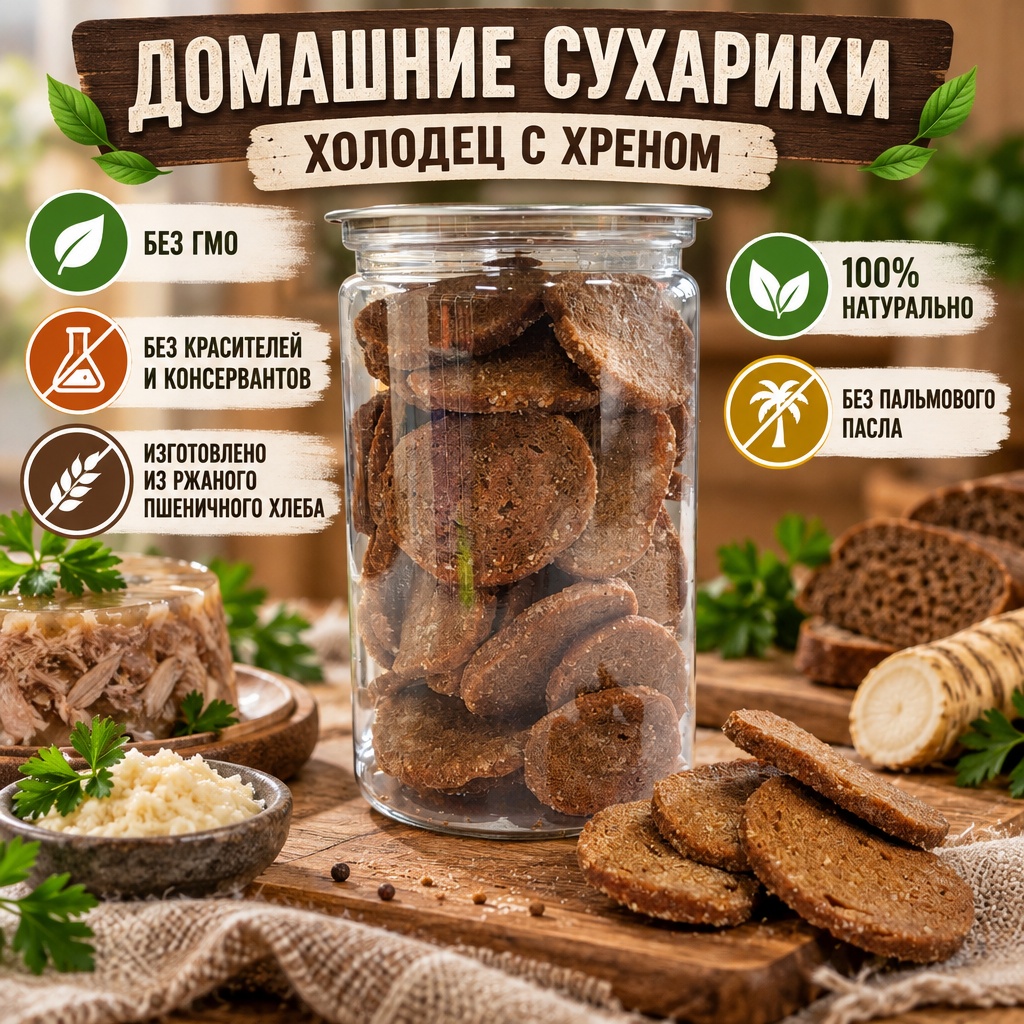 Домашние сухарики со вкусом "Холодец с хреном", 200гр