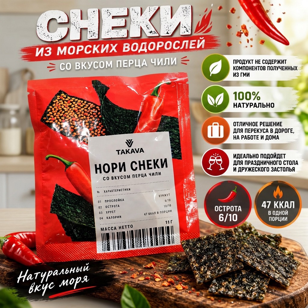 Снеки из морских водорослей со вкусом ПЕРЦА ЧИЛИ, 11 гр