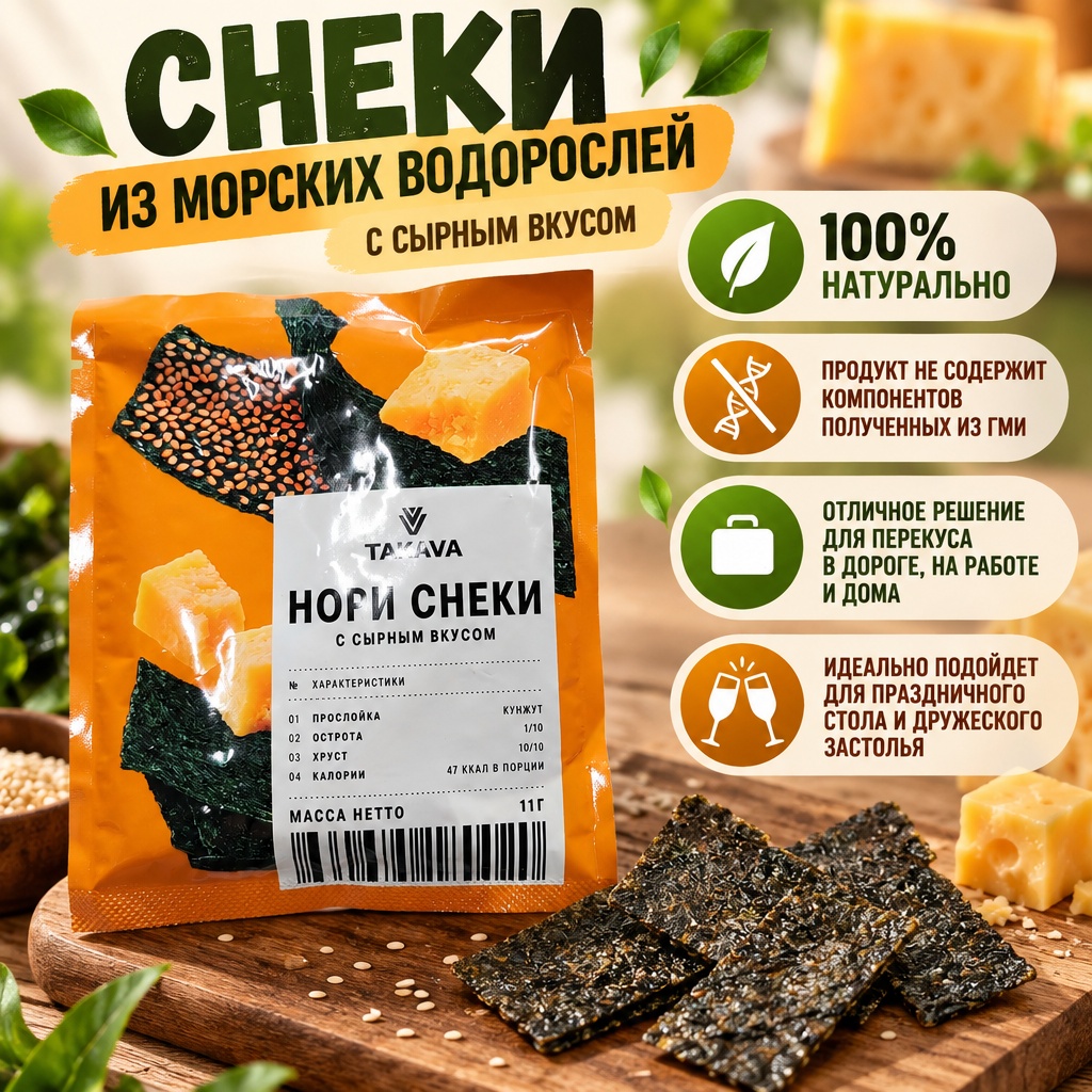 Снеки из морских водорослей с СЫРНЫМ вкусом, 11 гр