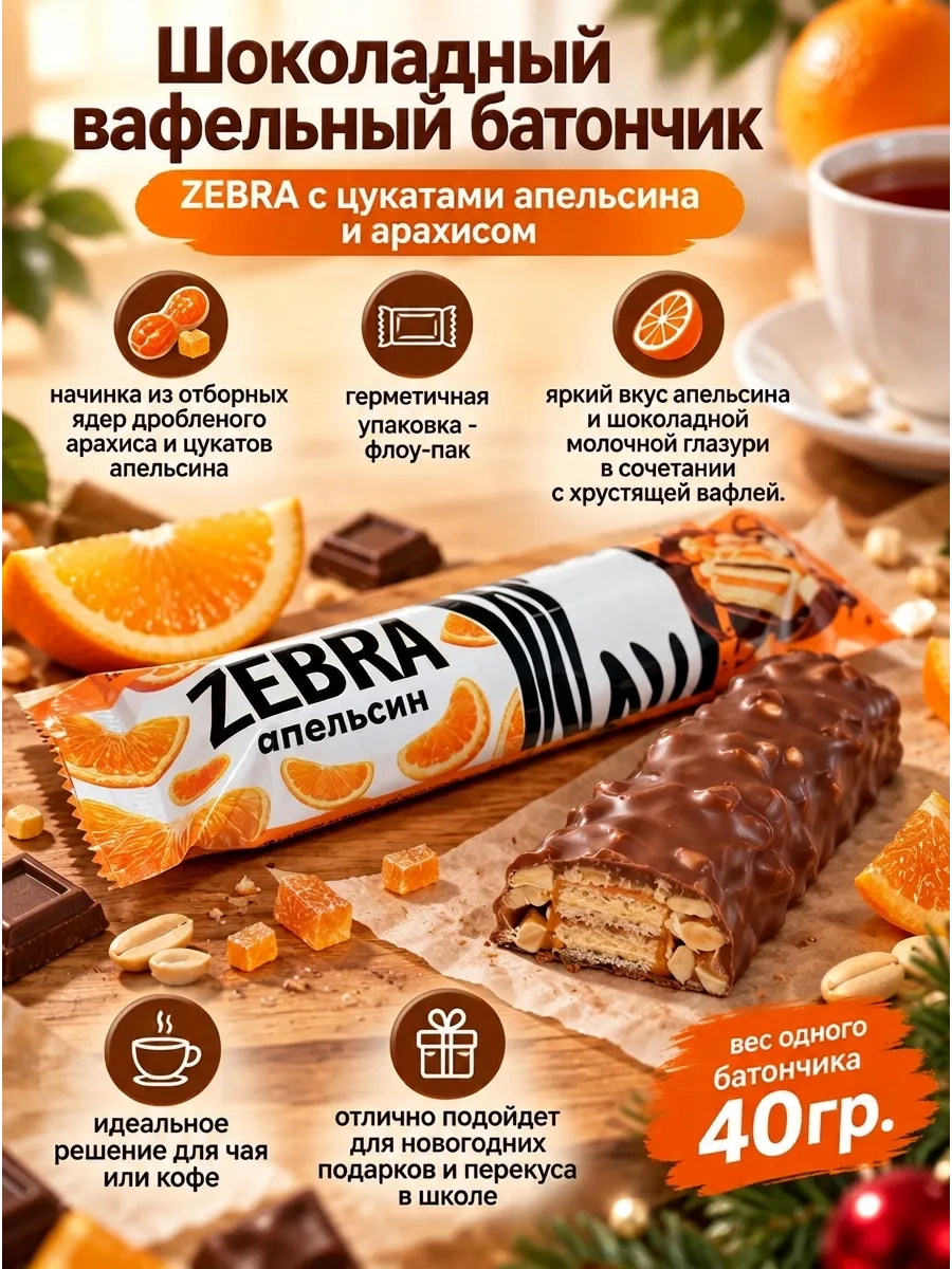 Шоколадный вафельный батончик"Zebra" с апельсином, 40гр
